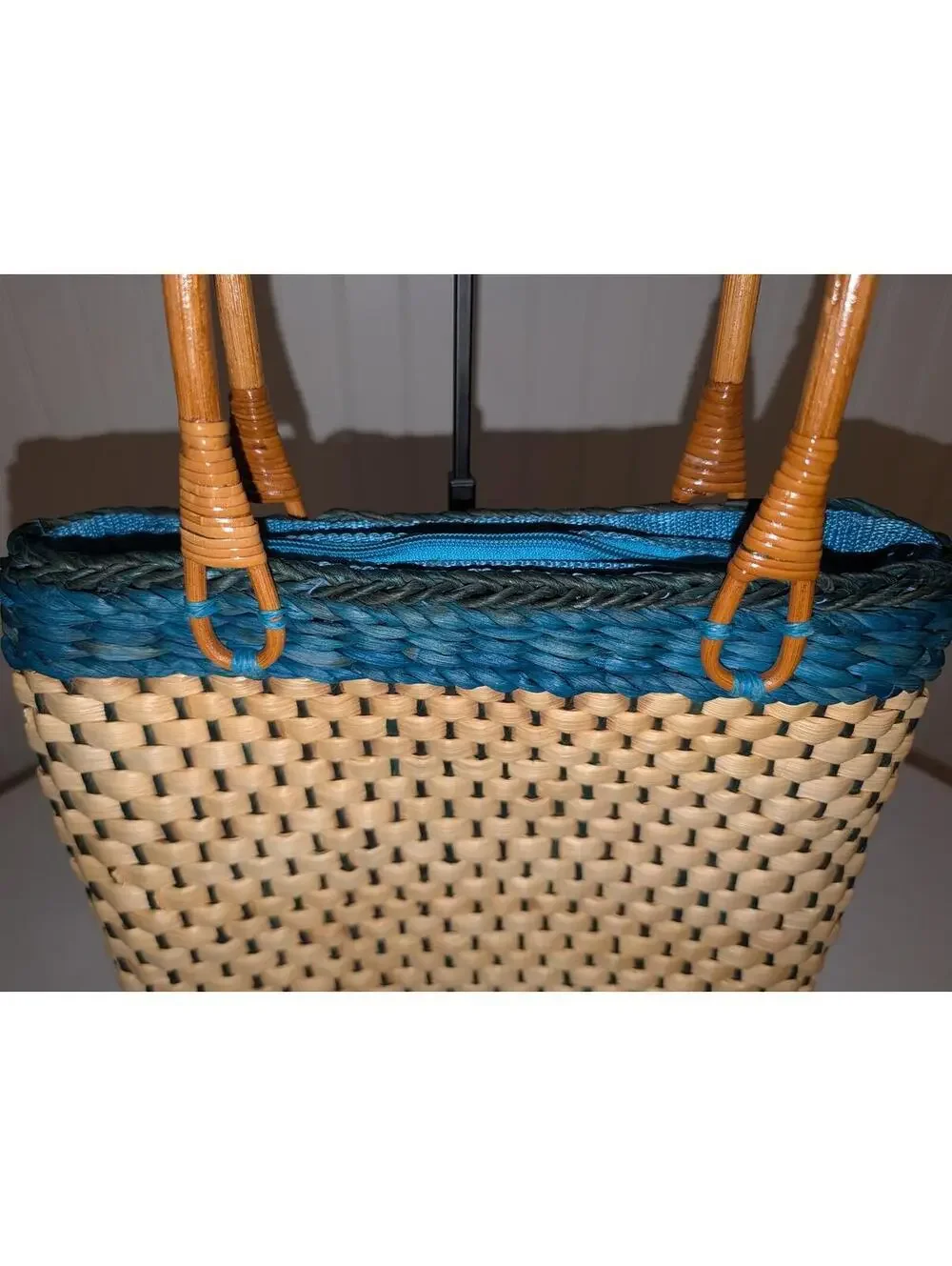 Vintage Unique Handwoven Straw Tote  with Embroidered Art Panel Bamboo Handles